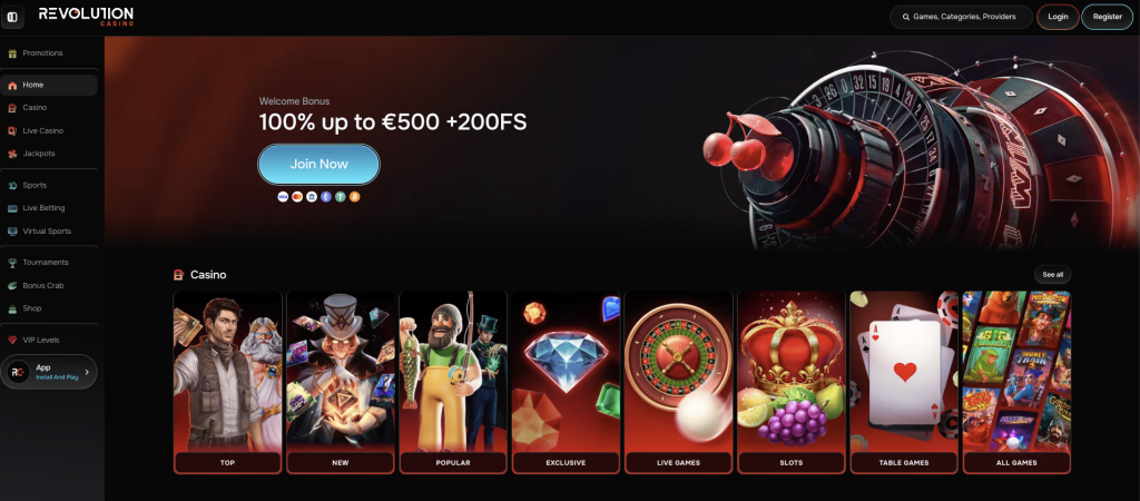 revolutionc casino homepage screenshot